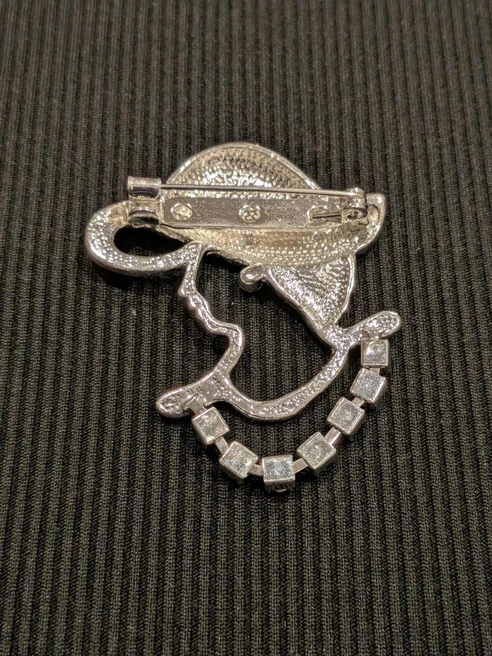 B#3:Silver Tone Silhouette Brooch with Red Enamel Hat and Crystal Chain Vintage